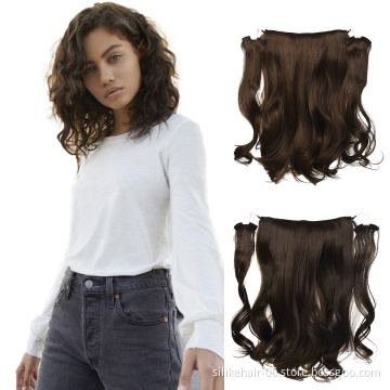 Cheap Silky Women 18Inch Black Brown Soft Wavy 9 Clips Piece Invisible Wire Three Hairpieces Fish Line Synthetic Hair Extensions